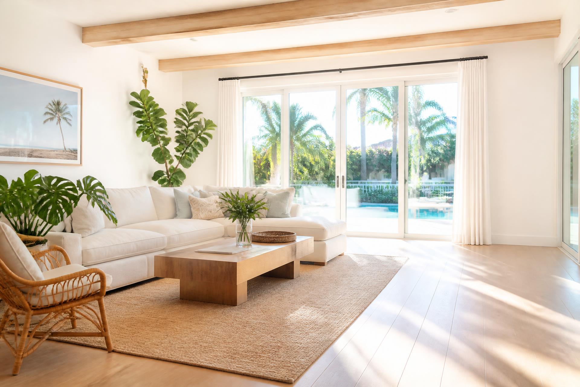 Bright Florida living room with sliding glass doors opening to palm trees and a pool patio